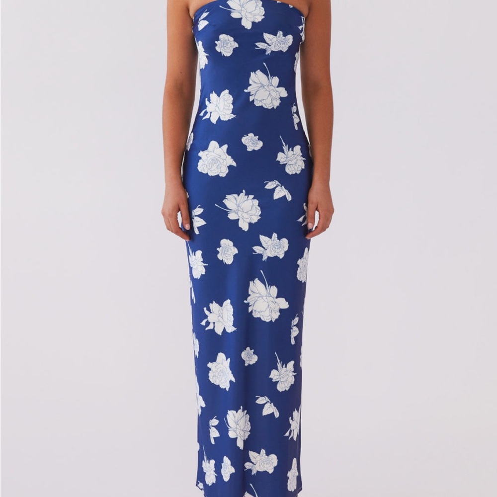 Peppermayo Blue Strapless Maxi Dress with White Floral Print